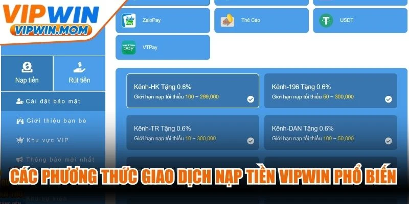 Các phương thức giao dịch nạp tiền VIPWIN phổ biến hiện nay